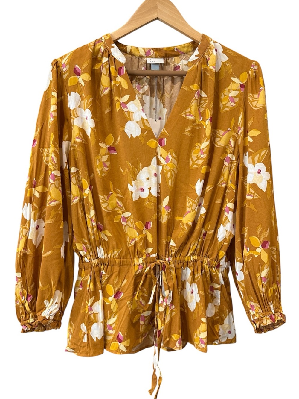 A New Day Blouse Top Drawstring Peplum Mustard Floral NWT Women's Size XL
